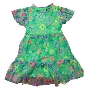 ZAC Kids Floral Dress Ruffle Flower Tiered Green Blue Pink Dress Size XS 4-5 New